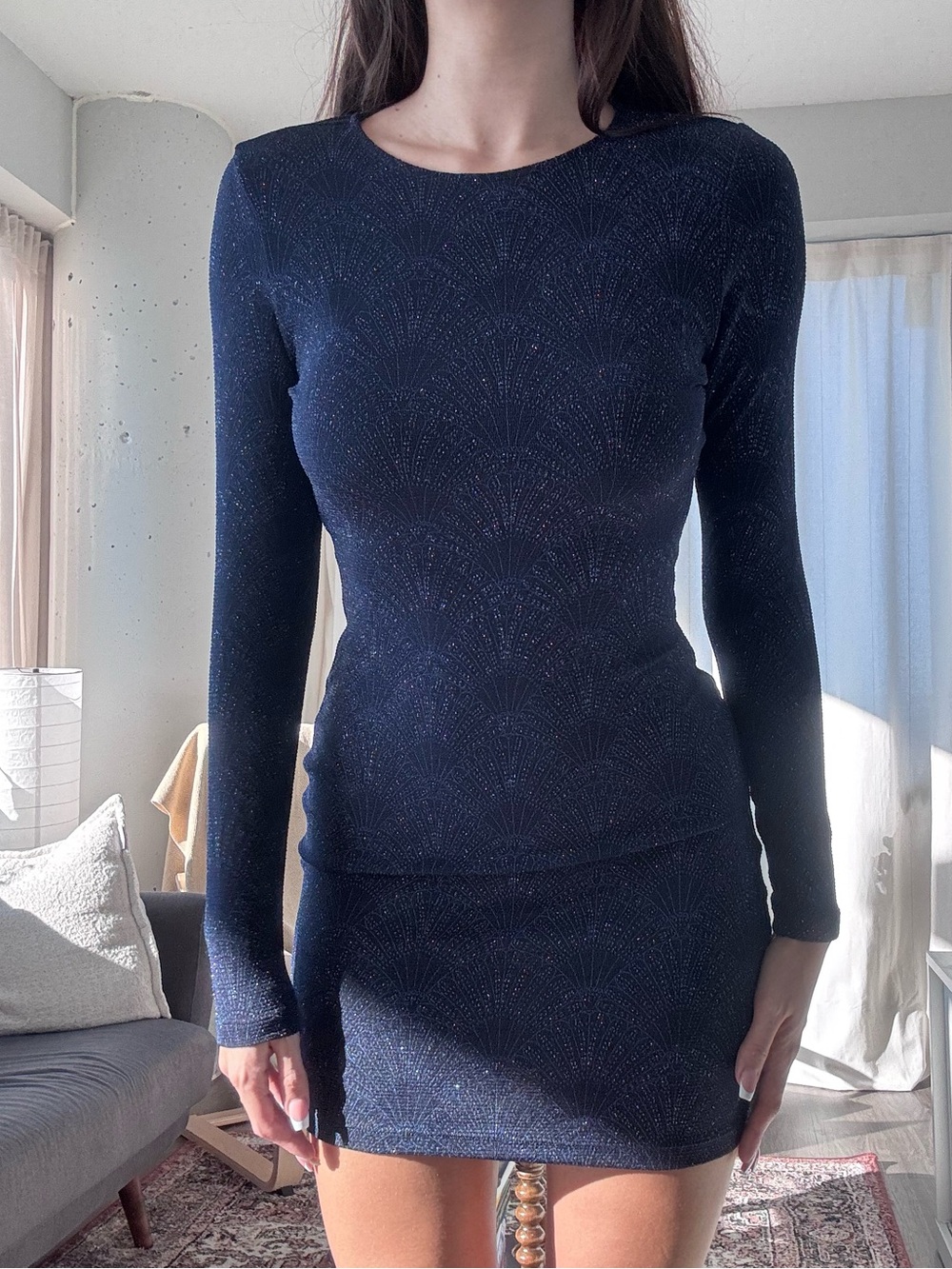 H&M Navy Sparkle Long-Sleeve Bodycon Mini Dress